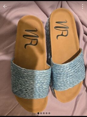 Not Rated Light Blue Woven Slide Mules with Tan Footbed